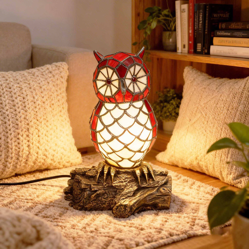 Lampe de table créative en forme de hibou avec base en résine et ampoule