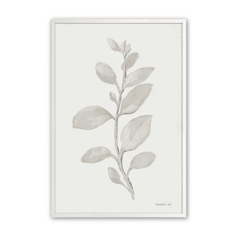 Élégant imprimé feuilles grises II, H 11 po x l 9 po, Encadrement de coin ouvert blanc opaque