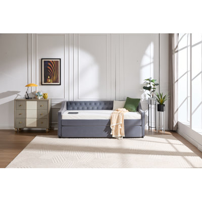 Twin Size Upholstered Daybed With Trundle,USB Port ,Side Pockets,Velvet Daybed With Button On Back And Piping On Waved Shape Arms by Everly Quinn