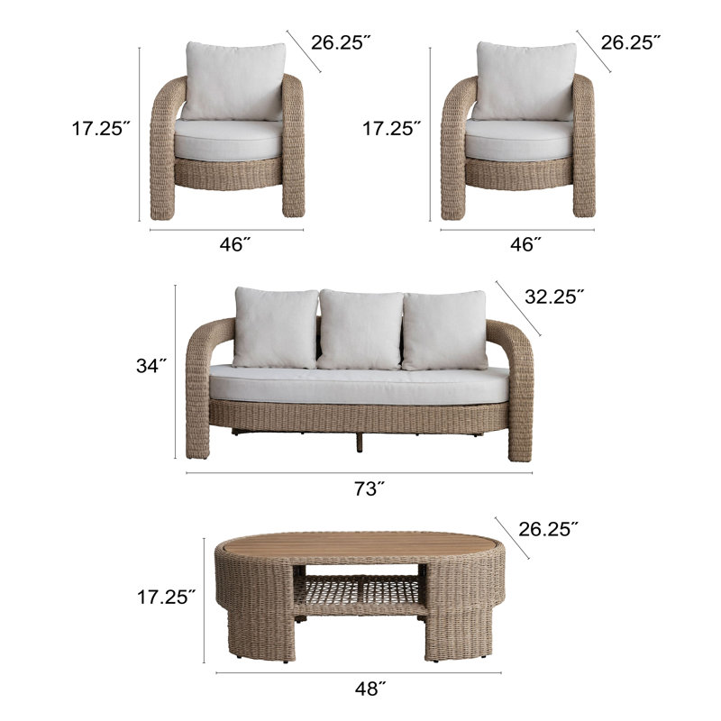 Ensemble de meubles d'intérieur / extérieur en osier tissé à la main 4 pièces avec table ovale en bois d'acacia et coussins crème