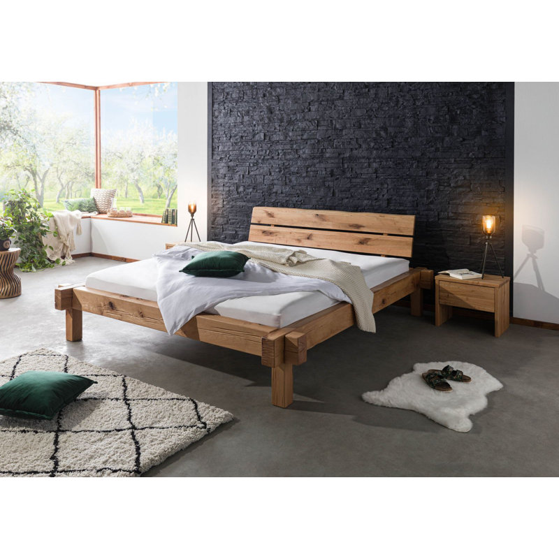 Jangali Solid Wood Bed, European Kingsize (160 x 200cm), Natural Oak