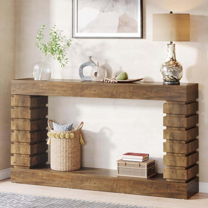 Console 70,87 pouces en bois massif avec piédestal géométrique