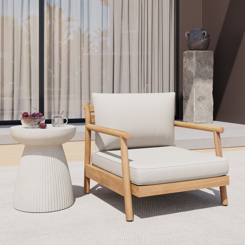 Fauteuil club de patio en bois d'acacia avec coussin résistant à l'eau, teck et beige (1 pièce)