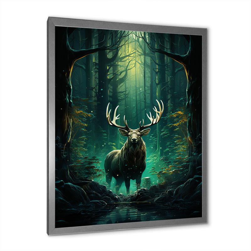 «Lagrant Teal Green Moose Enchanted Forest II», reproduction sur toile, Cadre photo argenté, H 32 po x l 16 po x P 1 po