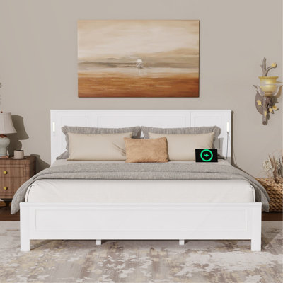 King Size Bed With Tall-Panel Headboard & Footboard, Built-In LED Lights, USB Charging Station, Pinewood Bed With Strengthened Bed Frame