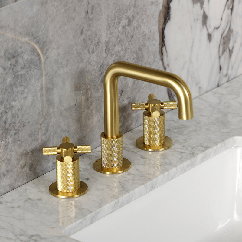 Kingston Brass Convergent Two-Handle 3-Hole Deck Mount Widespread Bathroom Faucet With Push Pop-Up Drain, Brushed Brass
