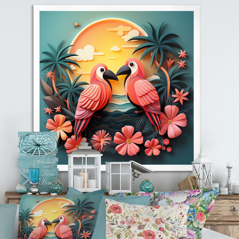 Toucans roses roses - art mural oiseau, Blanc, H 16 po x l 16 po