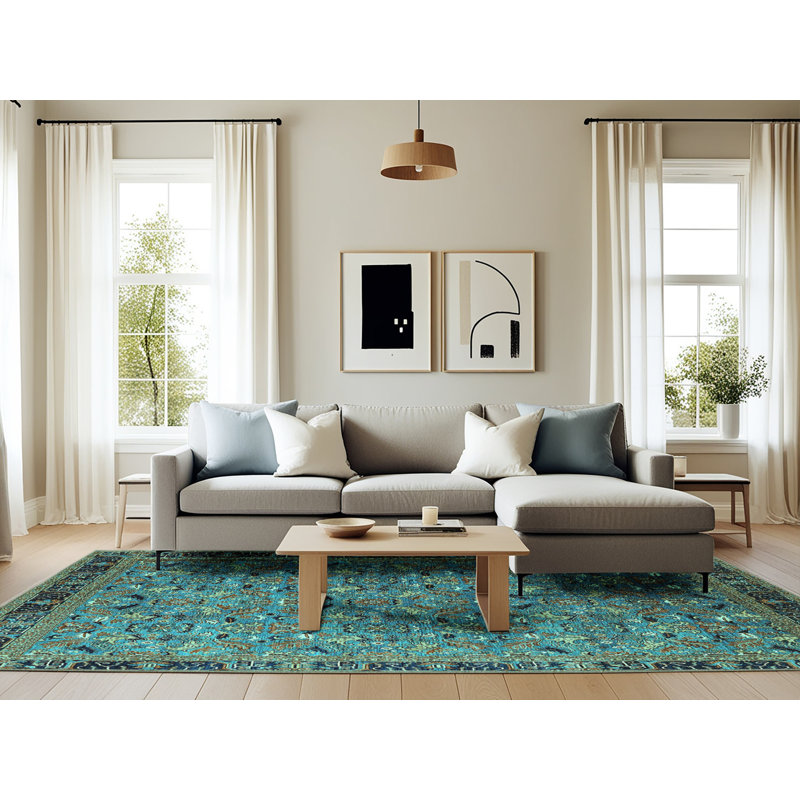 Tapis bleu sarcelle tissé à la machine, Rectangle 6 pi x 9 pi