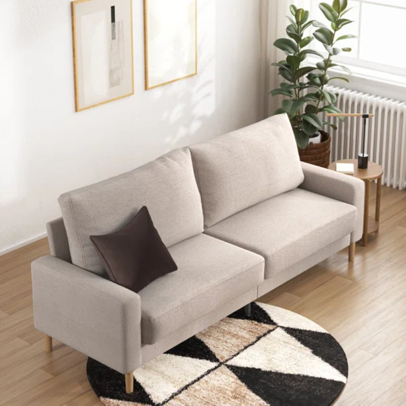 Brinnlee 76.7" Square Arm Upholstered Contemporary Modern Sofa, Beige Polyester, 33.1"H x 76.38"W x 31.9"D