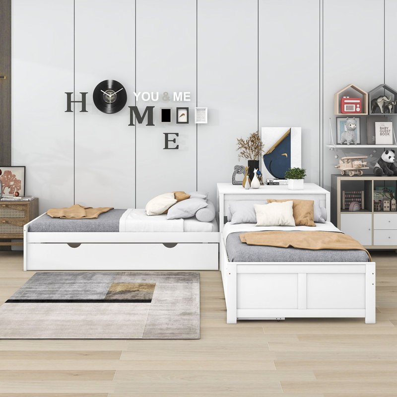 Twin Size 2 Drawers Wooden L-shaped Platform Beds with Trundle and Built-in Table, White