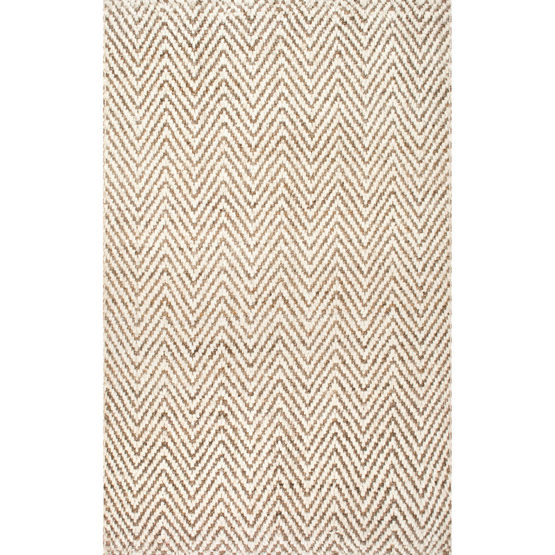 Tapis blanc cassé en jute tissé à la main à plat avec motif de chevrons Jaunius, Rectangle 8 pi 6 po x 11 pi 6 po