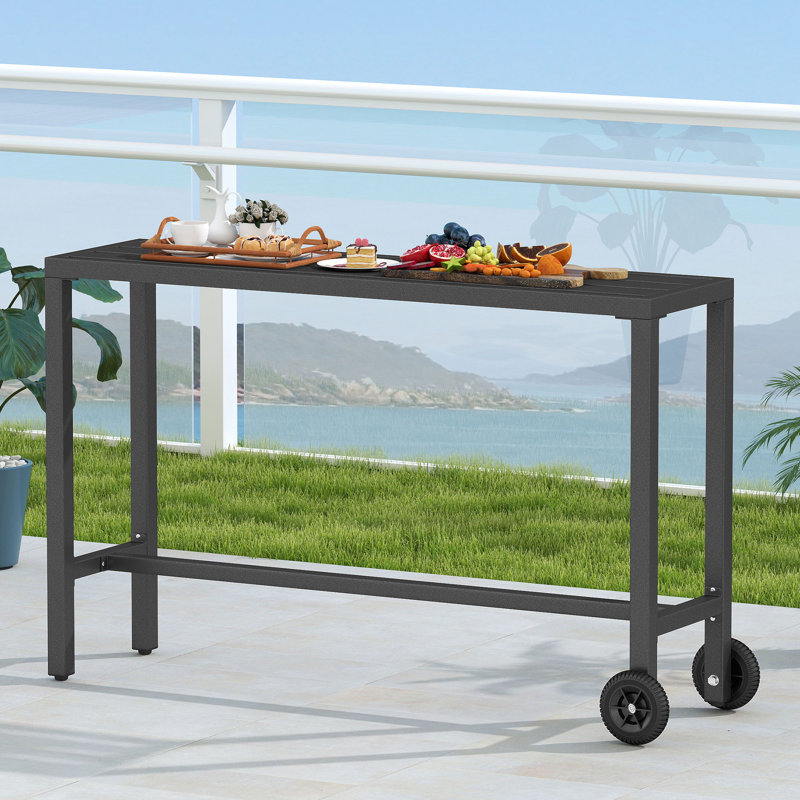 Rectangular Metal Outdoor Bar Height Table with Lockable Rolling Wheels, Dark Gray, Dark Gray
