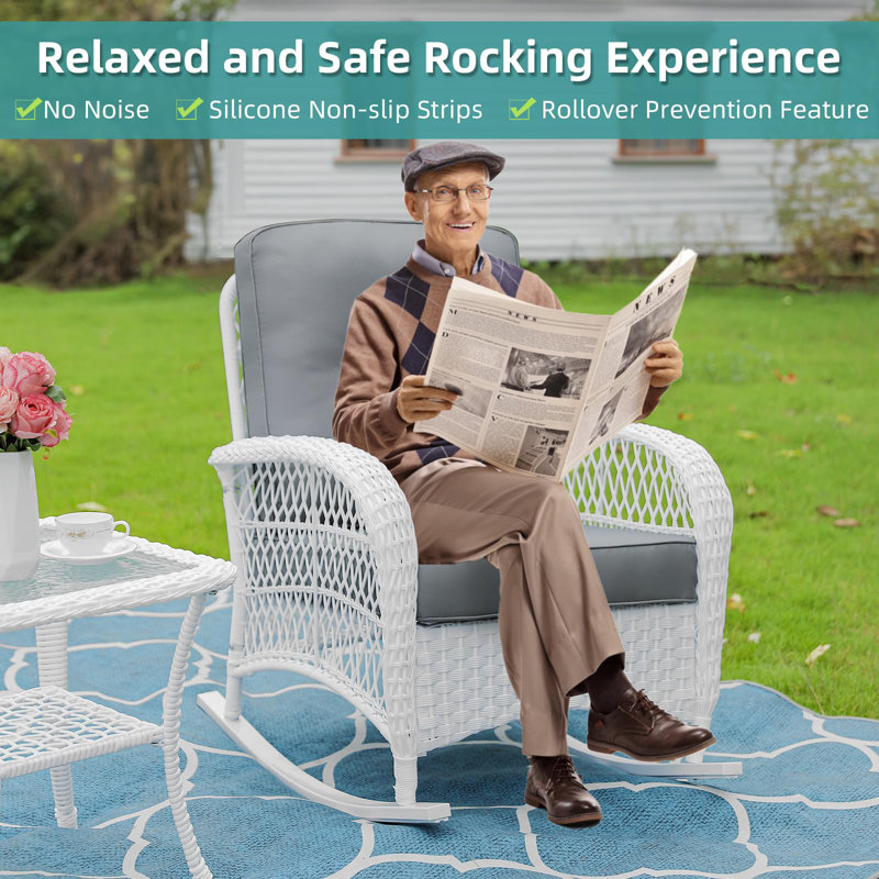 White Wicker Outdoor Rocking Chairs with Gray Cushions, Set of 2