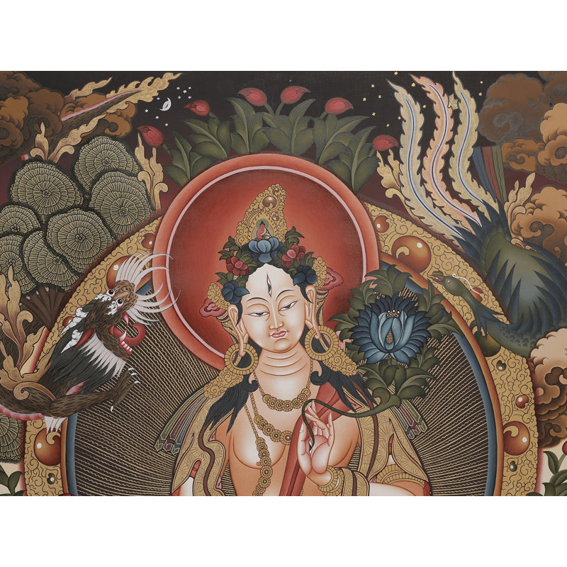 Déesse blanche Tara Brocadeless Thangka | Art mural bouddhiste tibétain peint à la main | Décoration en or 24 carats et longévité (36,2 po x 24,4 po)
