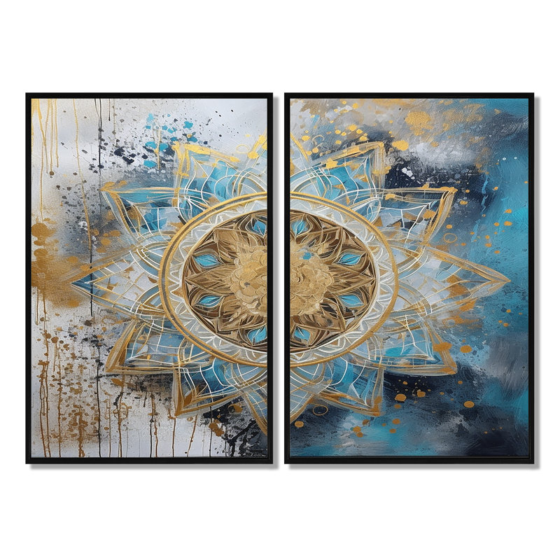 Art mural Mandala bleu et or II - Boho Mandala, Noir, H 36 po x l 48 po, Impression encadrée flottante