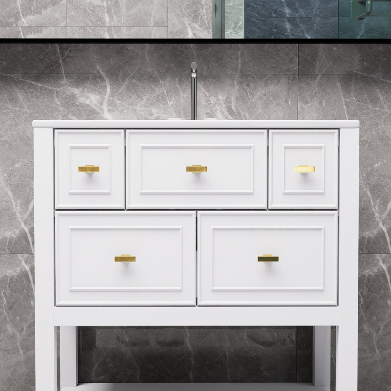 Ensemble de meuble-lavabo autoportant blanc avec 5 tiroirs 30 po avec lavabo en céramique