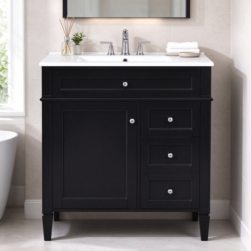 Meuble-lavabo sur pied de 76 cm (30 po) avec lavabo simple et comptoir en céramique, Noir