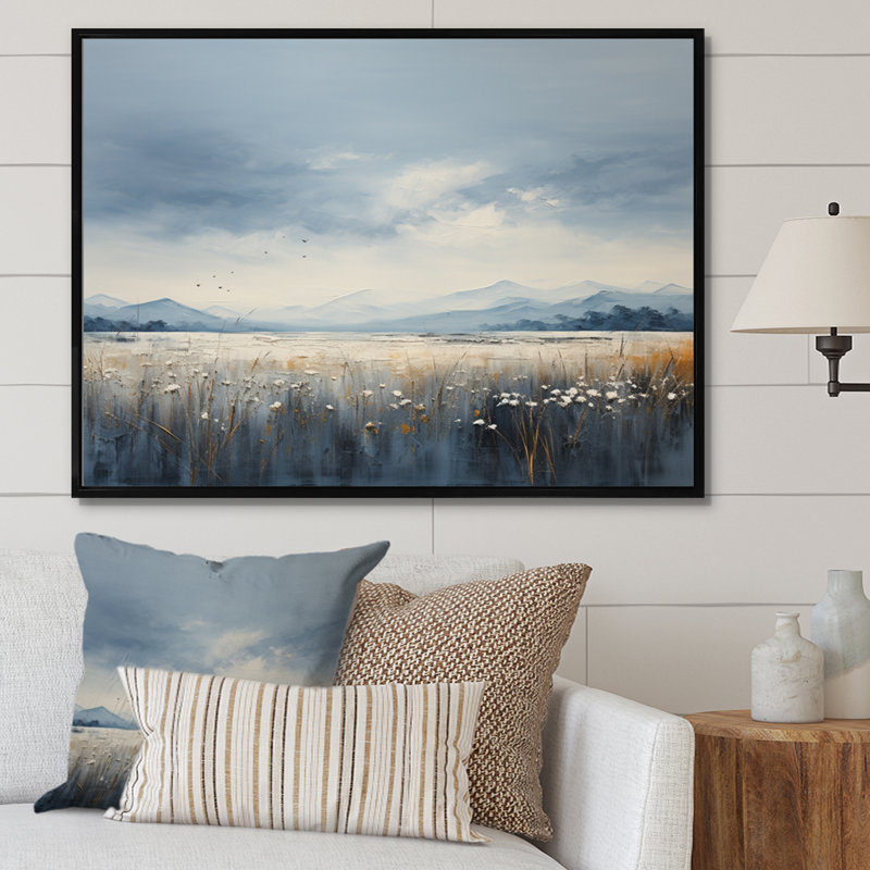 «Meadow Atmospheric Horizon Pointillism II», reproduction sur toile, H 24 po x l 32 po x P 1 po, Cadre flottant noir