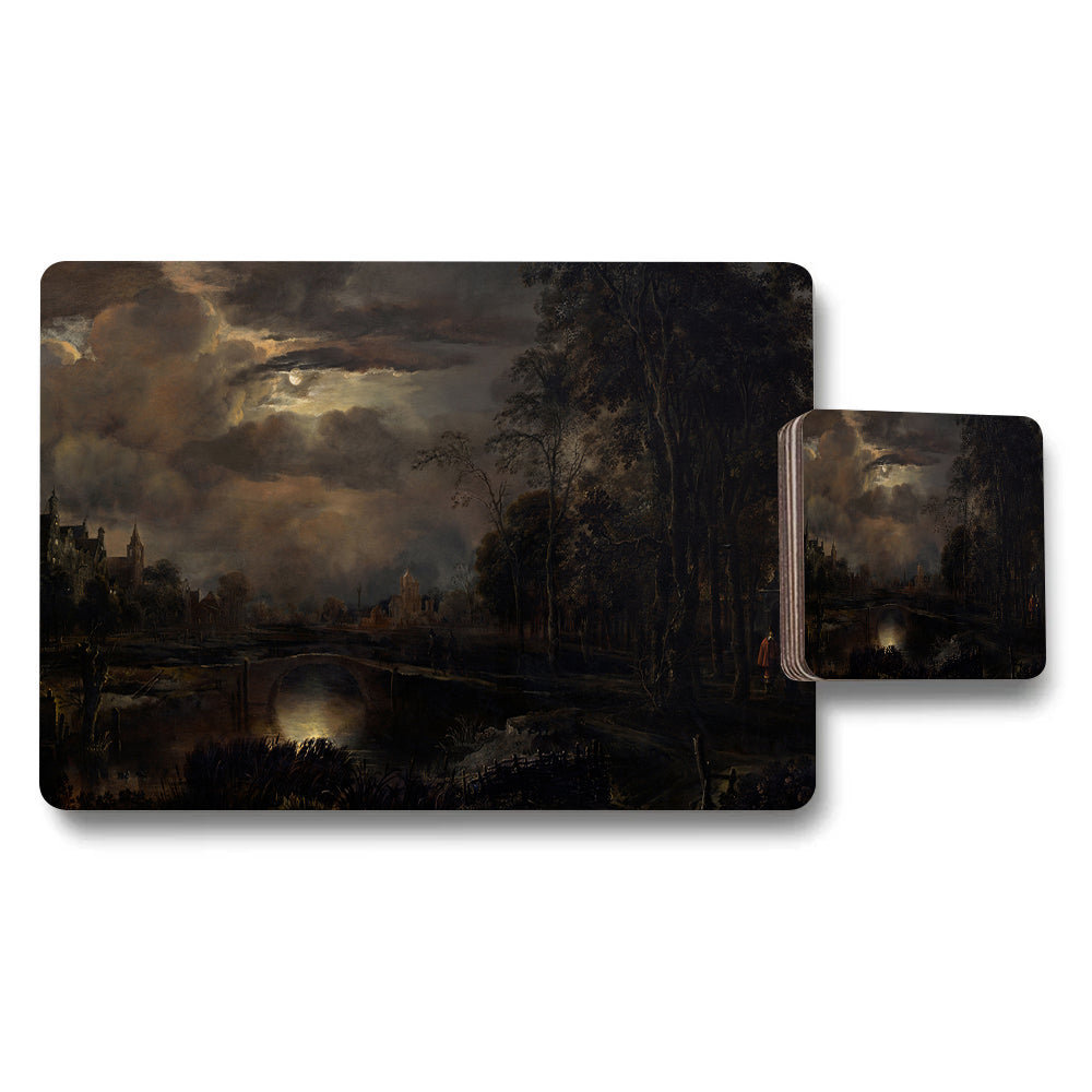Moonlit Landscape Placemat And Coaster Set Dark River Scene