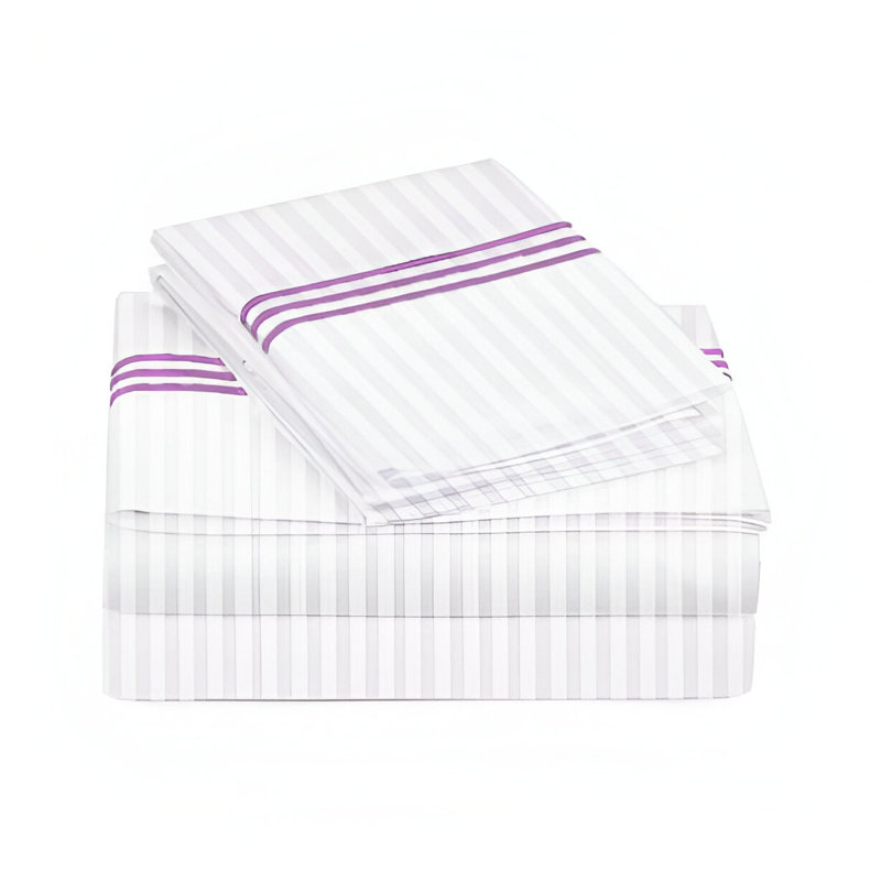 400TC Triple Embroidery Sateen Stripe Cotton 4 Piece Sheet Set Fitted Sheet Fits Upto 16" Deep Pocket, Full XL Sheet Set