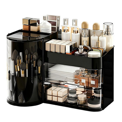 Organisateur de maquillage rotatif avec tiroirs, porte-pinceau à maquillage de grande capacité, organisateur de coiffeuse pour comptoir de salle de bain (noir)