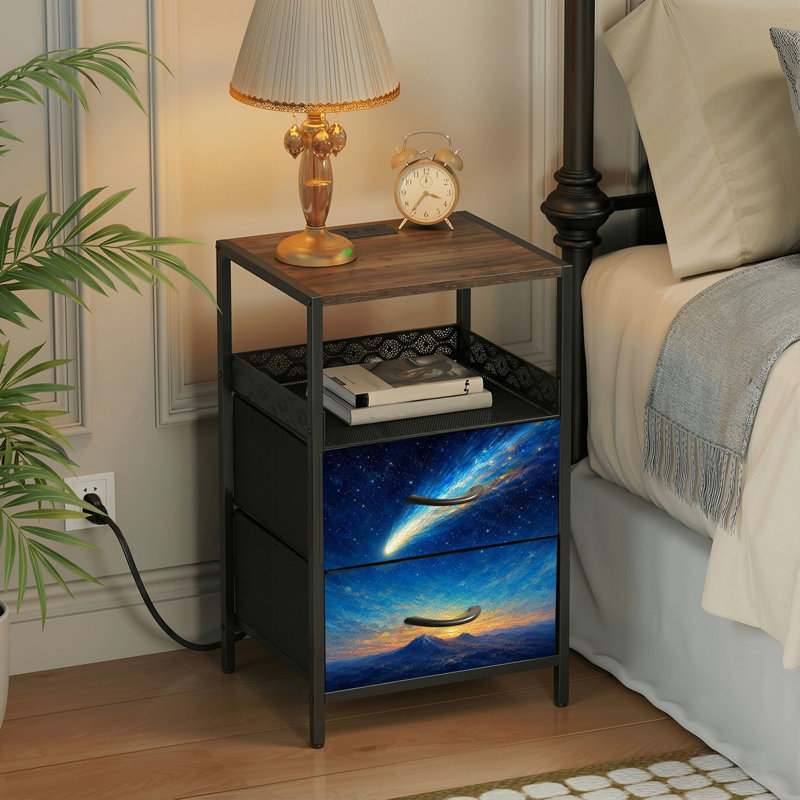 Table de chevet 2 tiroirs avec station de charge, table de chevet pour chambre avec ports USB et amp; Table de chevet noire Outlets Outlet