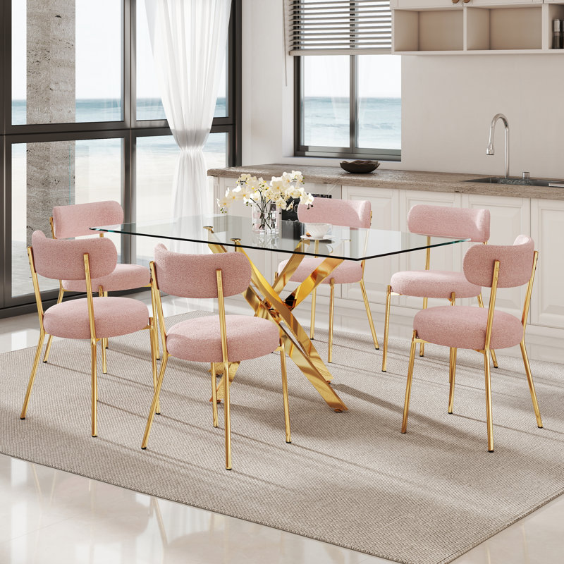 Rectangle Glass Pedestal Dining Set, Pink, 7 Pieces: Table, 6 Chairs, 29.5" H x 63" W x 31.5" D