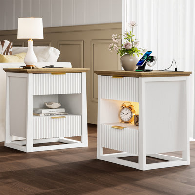 2 Drawer End Tables Set with Storage and Built-in Outlets for Livign Room,Bedroom,Led End Side Tables
