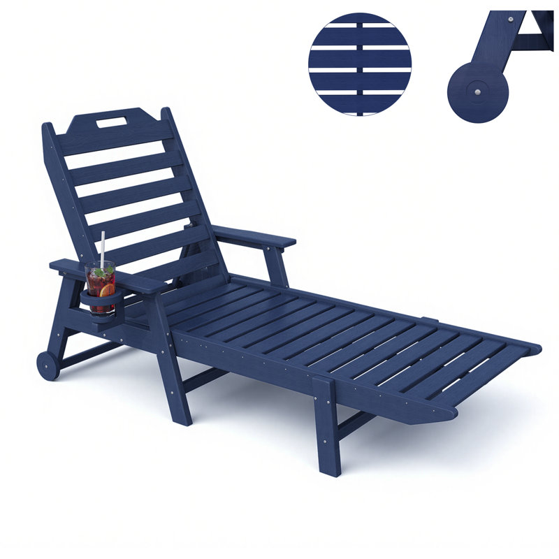 Oversized Outdoor Lounge Chair – HDPE All-Weather Chaise Lounge with 6 Positions, 500-LBS Capacity, Wheels, and Cup Holder for Deck, Poolside, or Backyard，Navy Blue