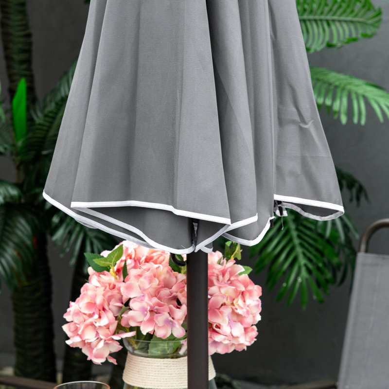 6 Piece Patio Dining - Gray For 4. Umbrella, Table & Chairs. Foldable Chairs Outdoor. Tempered Glass Poolside. 36.5" H Outdoor Furniture 4 Gray. Umbrella Included. Poolside, Backyard. Chairs, 67" .