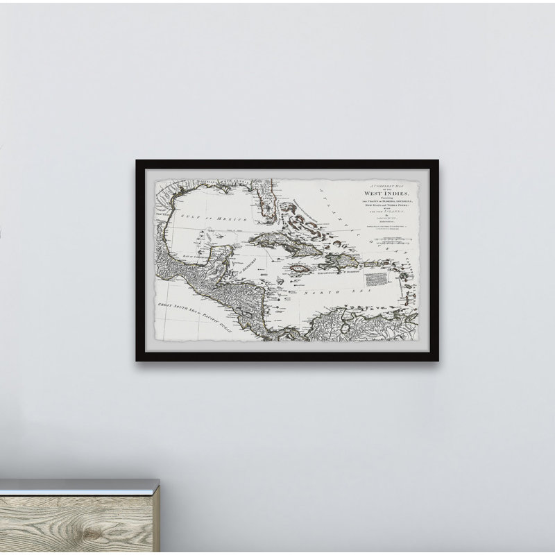 Une carte complète des Antilles - Reproduction d'art graphique sur papier encadré, H 20 po x l 30 po x P 1,5 po