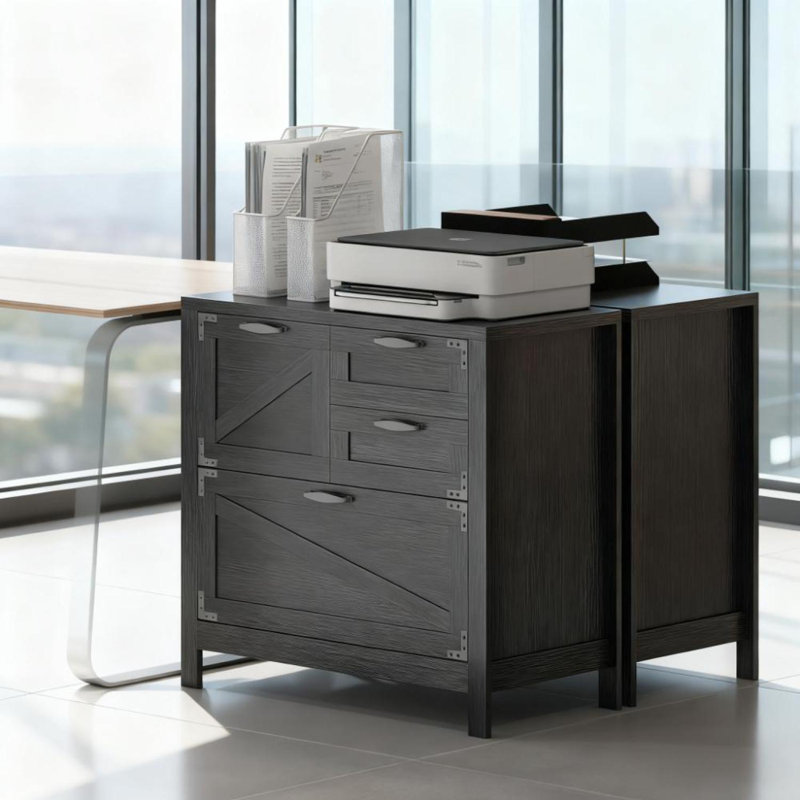 Four-Drawer Lateral Farmhouse Office Filing Cabinet with Barn-Style Detailing and Anti-Tip Safety Kit for Home and Office Organization and Storage Solutions