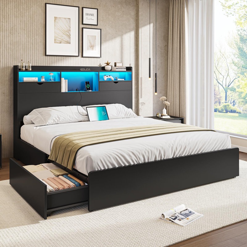 Base de lit grand format avec tête de lit et rangement pour bibliothèque, 4 grands tiroirs, cadre de lit plateforme avec lumières à DEL, station de charge, lattes métalliques robustes, aucun sommier requis, pas de bruit