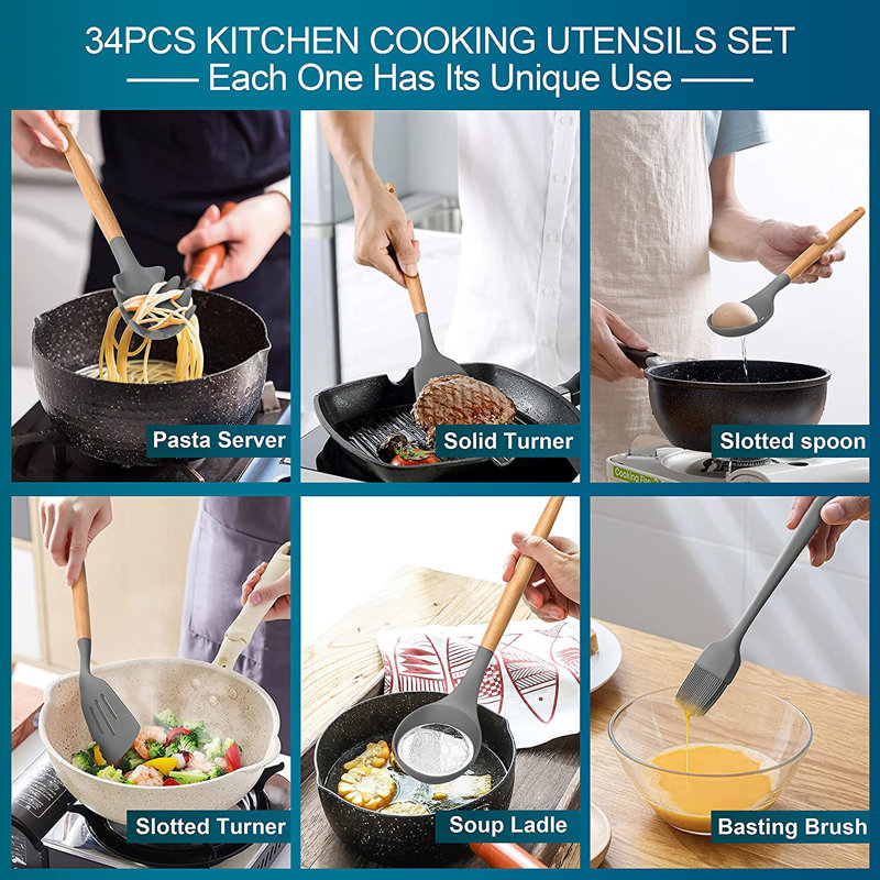 Ensemble d'ustensiles de cuisine 43 pièces avec poignées en bois de silicone, gris