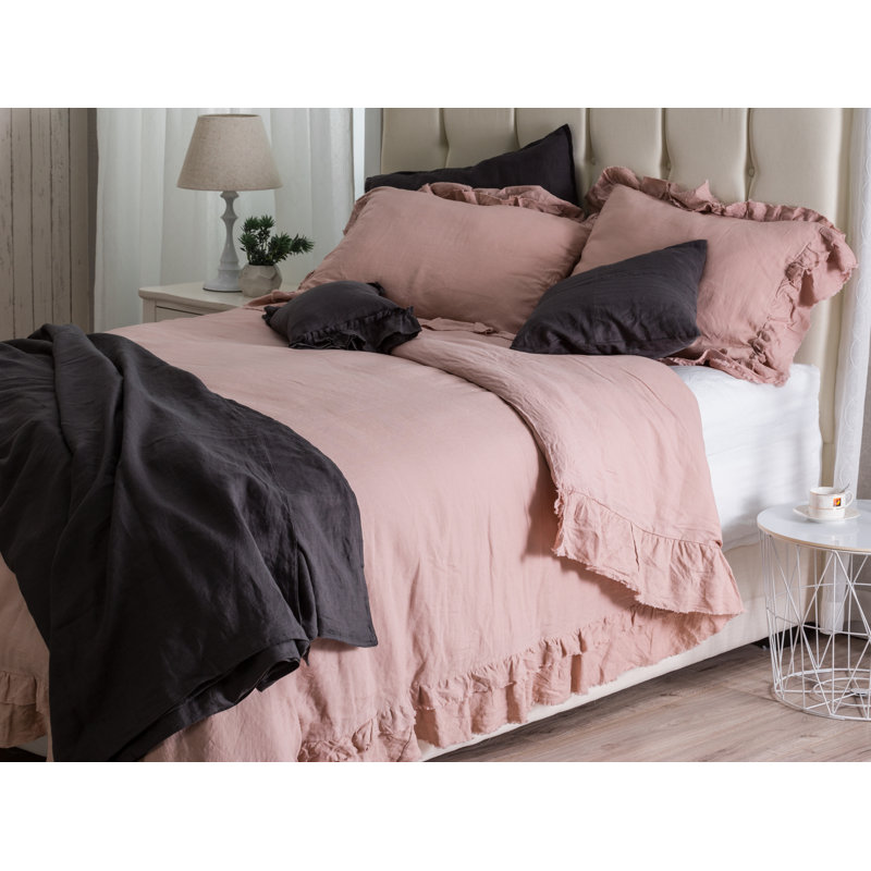 Ensemble de housse de couette en lin délavé à la pierre, Housse de couette grand + 2 taies décoratives, Rose