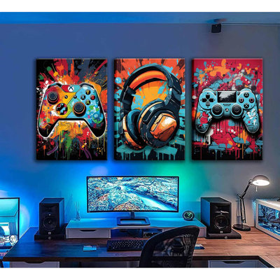 3Pcs Game Wall Art Color Video Game Handle Earphone Graffiti Theme Poster Room Decor Ative Neon Light Poster Prints Picture Children Youth Art Game Machine Boys Bedroom Home Artwork Framed