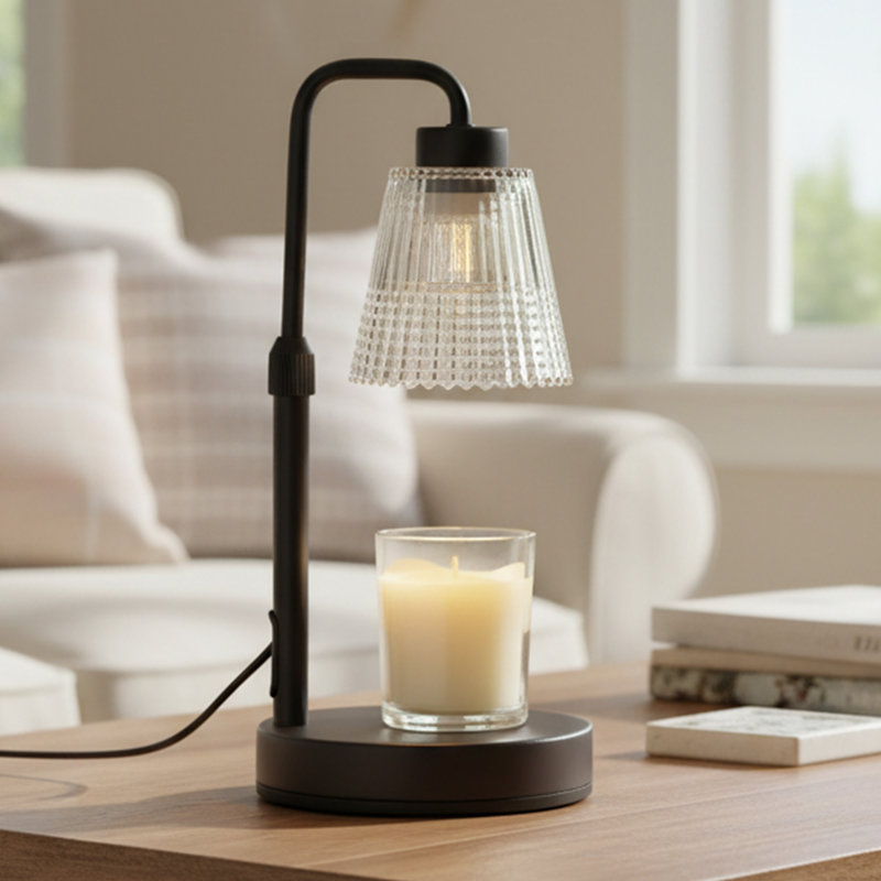 Retro Candle Holder With Ribbed Glass Shade, Dimmable Timer & Adjustable Height, Candle Warmer Lamp With 2 Bulbs For Home Deco
