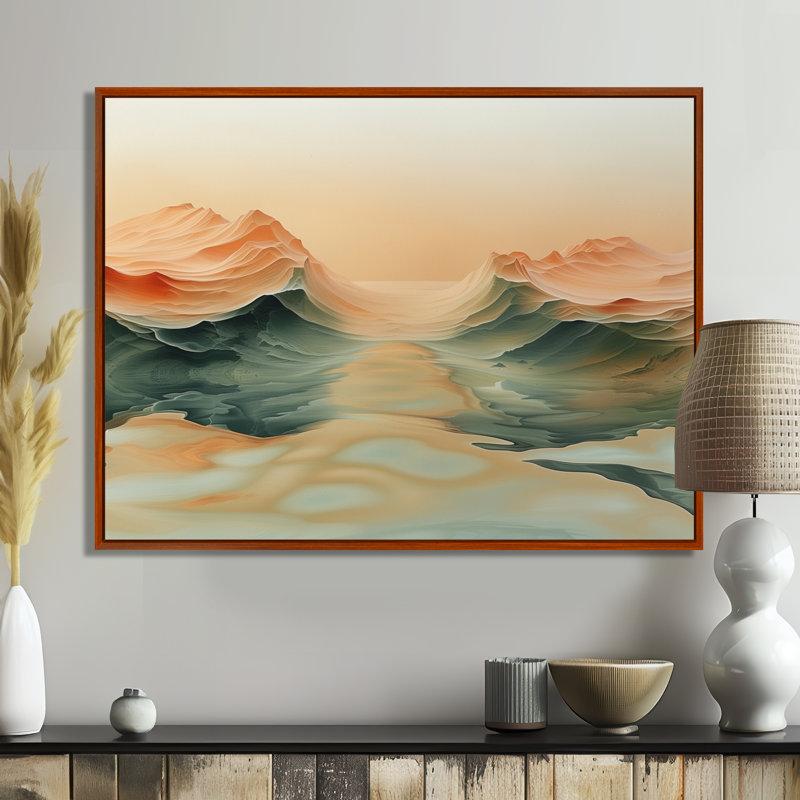 «Green Beige Magical Sunset Dunes I - Desert», reproduction d'art murale, Cadre flottant brun, H 34 po x l 44 po x P 1,5 po