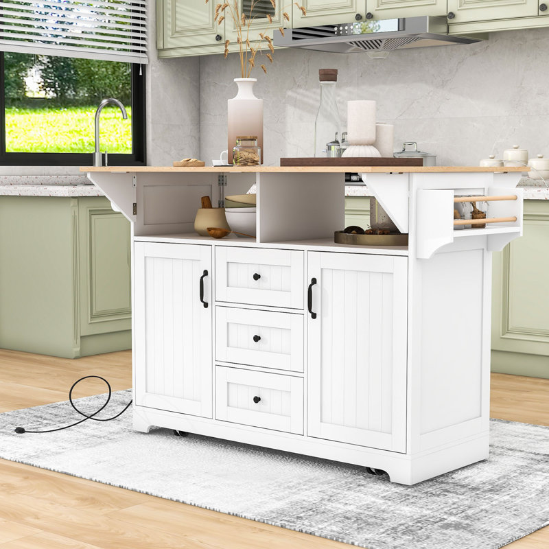 Large Folding Storage Kitchen Island with Power Outlet and Drawers, White