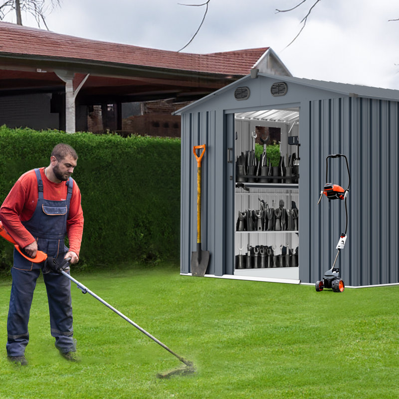 8X10 FT Outdoor Storage Shed, Large Metal Tool Sheds With Window And Lockable Doors, Garden Shed For Backyard Garden Patio Lawn, Dark Grey