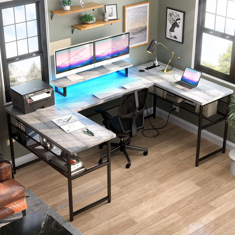 Manasa 83" U-Shape Computer Desk with LED Light Strip and Sockets, Light Walnut/Black