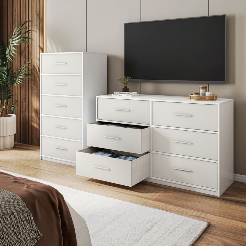 Commode 5 tiroirs avec grands tiroirs en tissu, blanc, Blanc
