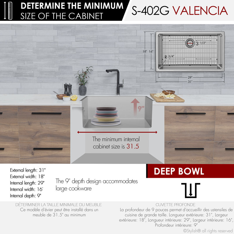 Élégant évier de cuisine à simple cuve en acier inoxydable 31 "avec grille et crépine