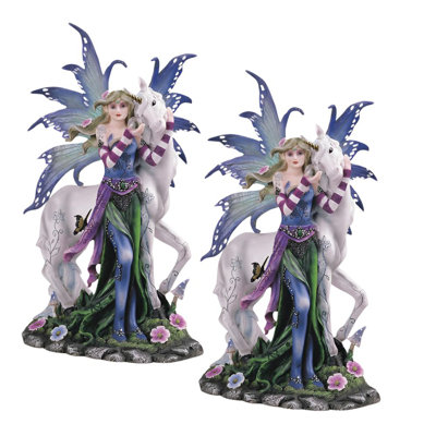"2-PC Set" ICE ARMOR 10"H Blue and Purple Spring Fairy with Unicorn Figurine Figurine Statue Ornament Home/Room Decor and Perfect Gift Ideas for House Warming, Holidays and Birthdays Great Collectible Addition