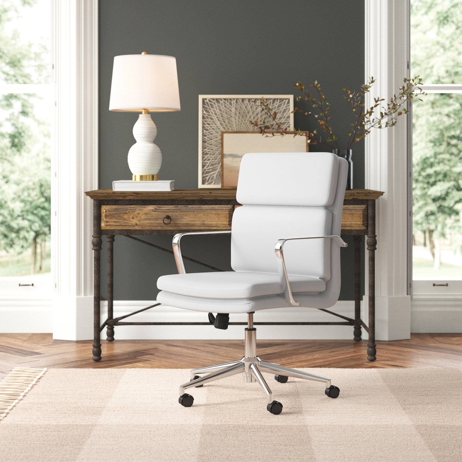 Rusanka Swivel Office Chair, White, 26"