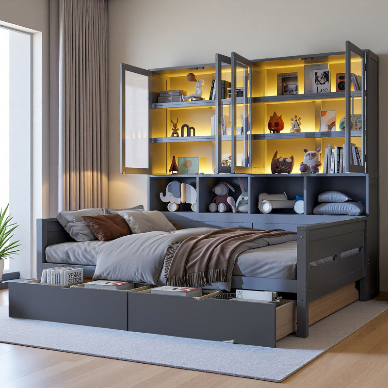 Lit de jour en bois avec armoires de rangement à porte vitrée, éclairage à DEL intégré et tablettes, Complet/Double, Gris