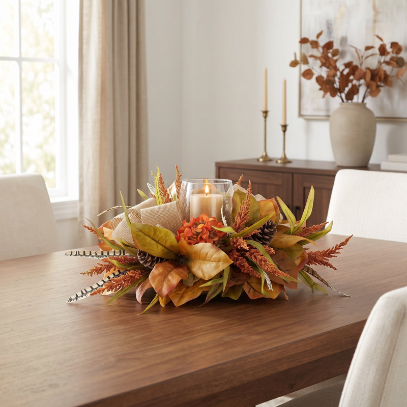 Fall Candleholder Centerpiece with Hydrangeas, Wheat and Pinecones