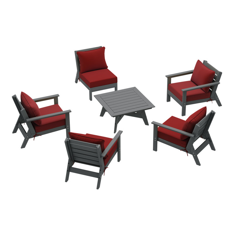 Ensemble de conversation à assise profonde 6 pièces, Gris, Rouge