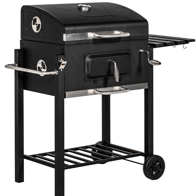 Charcoal Bbq Grill, Portable Outdoor Camping & Picnic Cooker. 21.75"x16.5" Surface, Side Table, Storage Shelf, Wheels, Handle, Black. Easy Cleaning And Maintenance Cooker For Backyard Events. Cooking