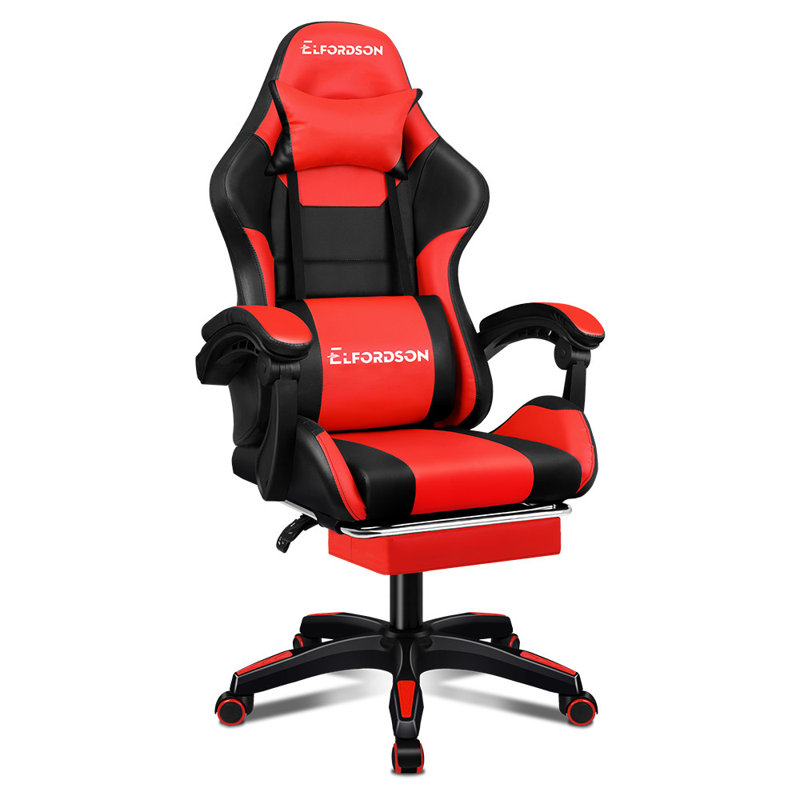 ELFORDSON Adjustable Reclining Swiveling PC & Racing Game Chair with Footrest, Red